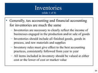 Inventories
                          (slide 1 of 4)

• Generally, tax accounting and financial accounting
  for inventories are much the same
   – Inventories are necessary to clearly reflect the income of
     businesses engaged in the production and/or sale of goods
   – Inventories should include all finished goods, goods in
     process, and raw materials and supplies
   – Inventory rules must give effect to the best accounting
     practices, consistently followed from year to year
   – All items included in inventory should be valued at either
     cost or the lower of cost or market value


                                                                  54
 