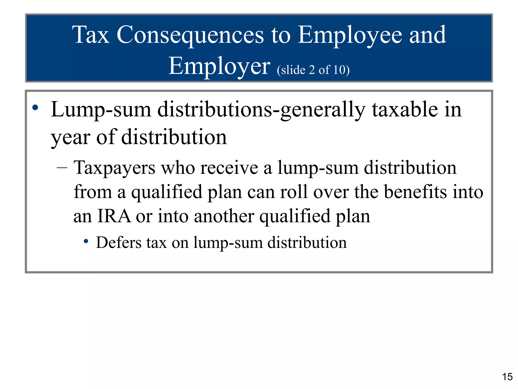 Tax Consequences to Employee and
            Employer (slide 2 of 10)
• Lump-sum distributions-generally taxable in
  year of distribution
  – Taxpayers who receive a lump-sum distribution
    from a qualified plan can roll over the benefits into
    an IRA or into another qualified plan
     • Defers tax on lump-sum distribution




                                                            15
 