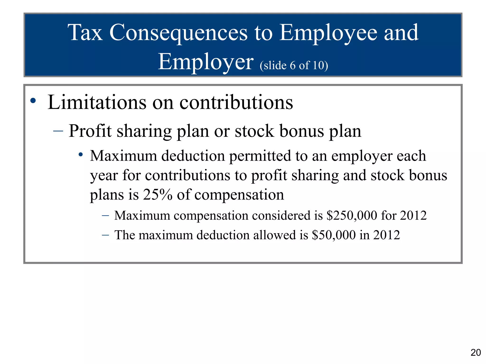 Tax Consequences to Employee and
            Employer (slide 6 of 10)
• Limitations on contributions
  – Profit sharing plan or stock bonus plan
     • Maximum deduction permitted to an employer each
       year for contributions to profit sharing and stock bonus
       plans is 25% of compensation
        – Maximum compensation considered is $250,000 for 2012
        – The maximum deduction allowed is $50,000 in 2012




                                                                  20
 