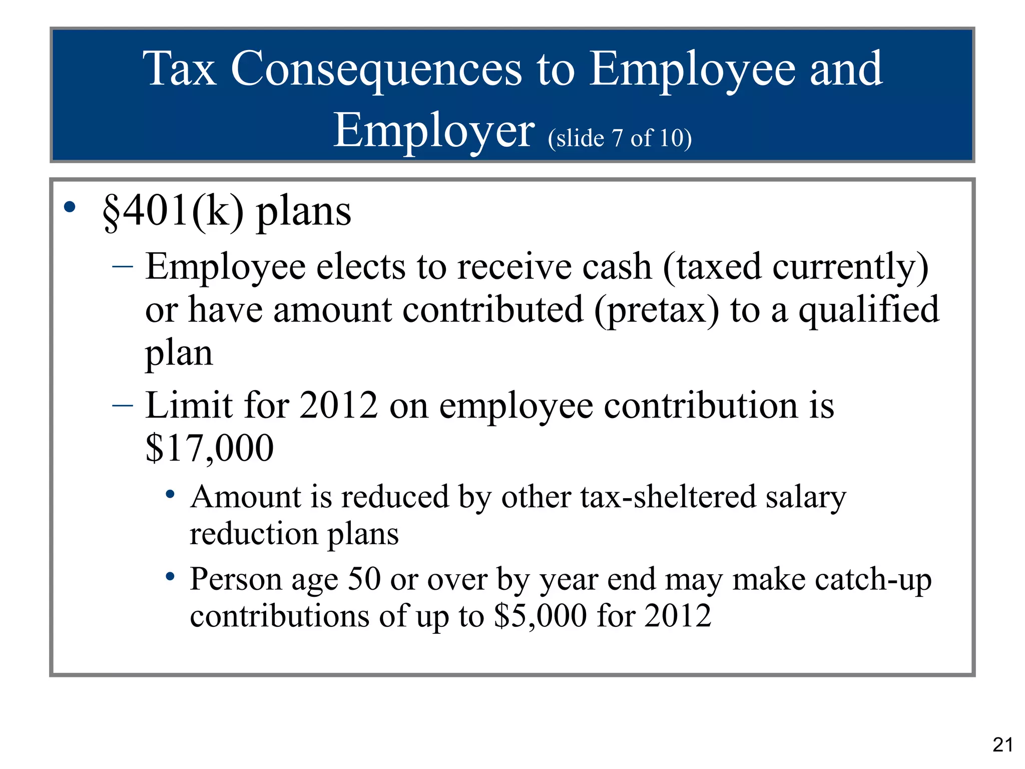 Tax Consequences to Employee and
            Employer (slide 7 of 10)
• §401(k) plans
  – Employee elects to receive cash (taxed currently)
    or have amount contributed (pretax) to a qualified
    plan
  – Limit for 2012 on employee contribution is
    $17,000
     • Amount is reduced by other tax-sheltered salary
       reduction plans
     • Person age 50 or over by year end may make catch-up
       contributions of up to $5,000 for 2012


                                                             21
 