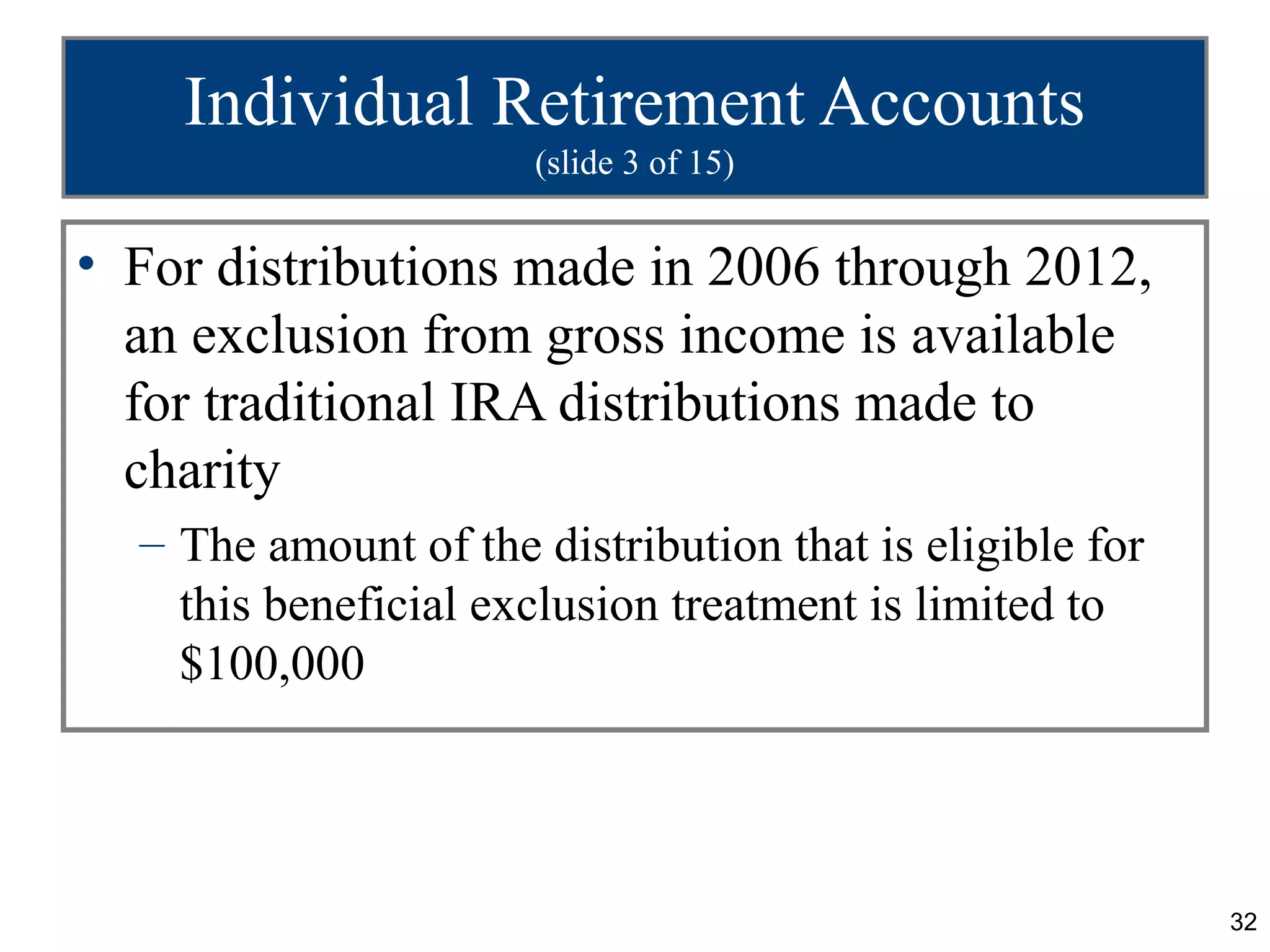 Individual Retirement Accounts
                      (slide 3 of 15)


• For distributions made in 2006 through 2012,
  an exclusion from gross income is available
  for traditional IRA distributions made to
  charity
  – The amount of the distribution that is eligible for
    this beneficial exclusion treatment is limited to
    $100,000




                                                          32
 