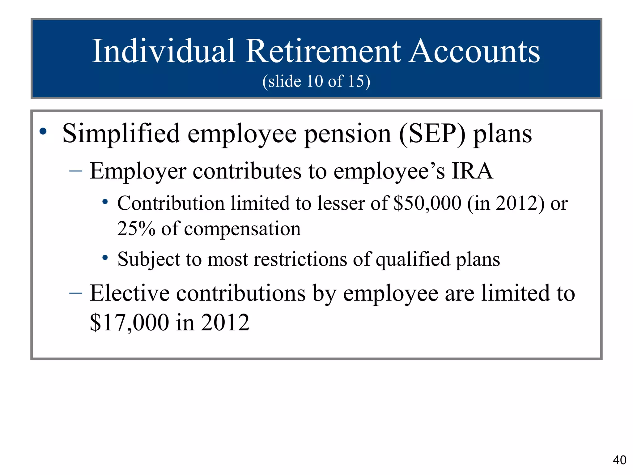 Individual Retirement Accounts
                        (slide 10 of 15)


• Simplified employee pension (SEP) plans
  – Employer contributes to employee’s IRA
     • Contribution limited to lesser of $50,000 (in 2012) or
       25% of compensation
     • Subject to most restrictions of qualified plans
  – Elective contributions by employee are limited to
    $17,000 in 2012




                                                                40
 