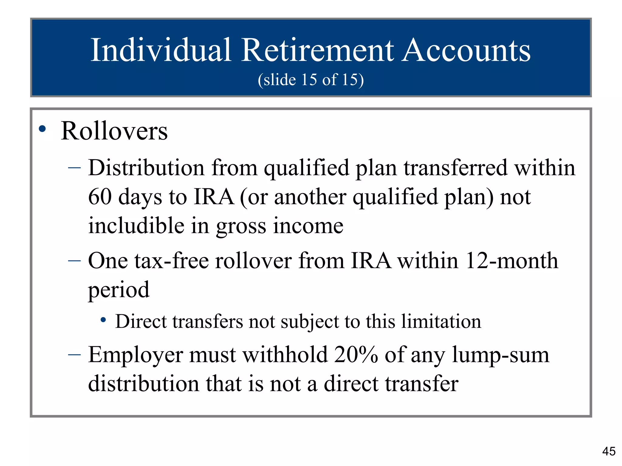 Individual Retirement Accounts
                         (slide 15 of 15)


• Rollovers
  – Distribution from qualified plan transferred within
    60 days to IRA (or another qualified plan) not
    includible in gross income
  – One tax-free rollover from IRA within 12-month
    period
     • Direct transfers not subject to this limitation
  – Employer must withhold 20% of any lump-sum
    distribution that is not a direct transfer

                                                          45
 