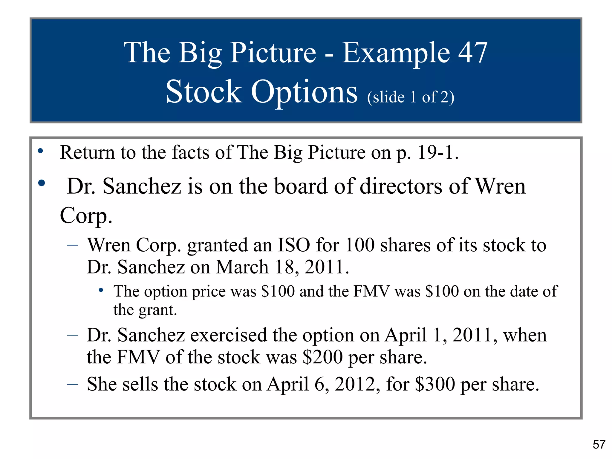 The Big Picture - Example 47
                Stock Options (slide 1 of 2)
• Return to the facts of The Big Picture on p. 19-1.
• Dr. Sanchez is on the board of directors of Wren
  Corp.
   – Wren Corp. granted an ISO for 100 shares of its stock to
     Dr. Sanchez on March 18, 2011.
       • The option price was $100 and the FMV was $100 on the date of
         the grant.
   – Dr. Sanchez exercised the option on April 1, 2011, when
     the FMV of the stock was $200 per share.
   – She sells the stock on April 6, 2012, for $300 per share.

                                                                         57
 