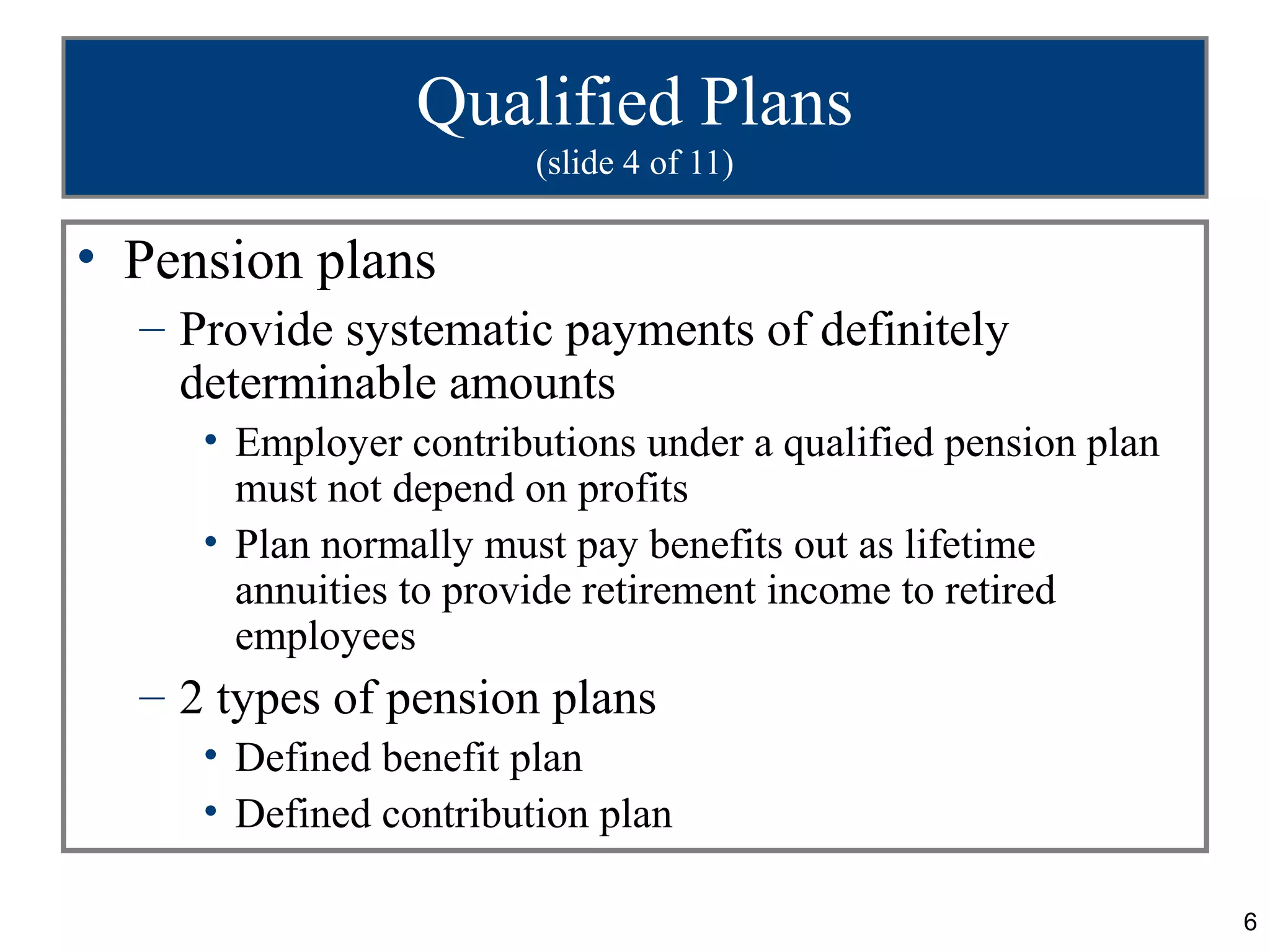 Qualified Plans
                        (slide 4 of 11)

• Pension plans
  – Provide systematic payments of definitely
    determinable amounts
     • Employer contributions under a qualified pension plan
       must not depend on profits
     • Plan normally must pay benefits out as lifetime
       annuities to provide retirement income to retired
       employees
  – 2 types of pension plans
     • Defined benefit plan
     • Defined contribution plan

                                                               6
 
