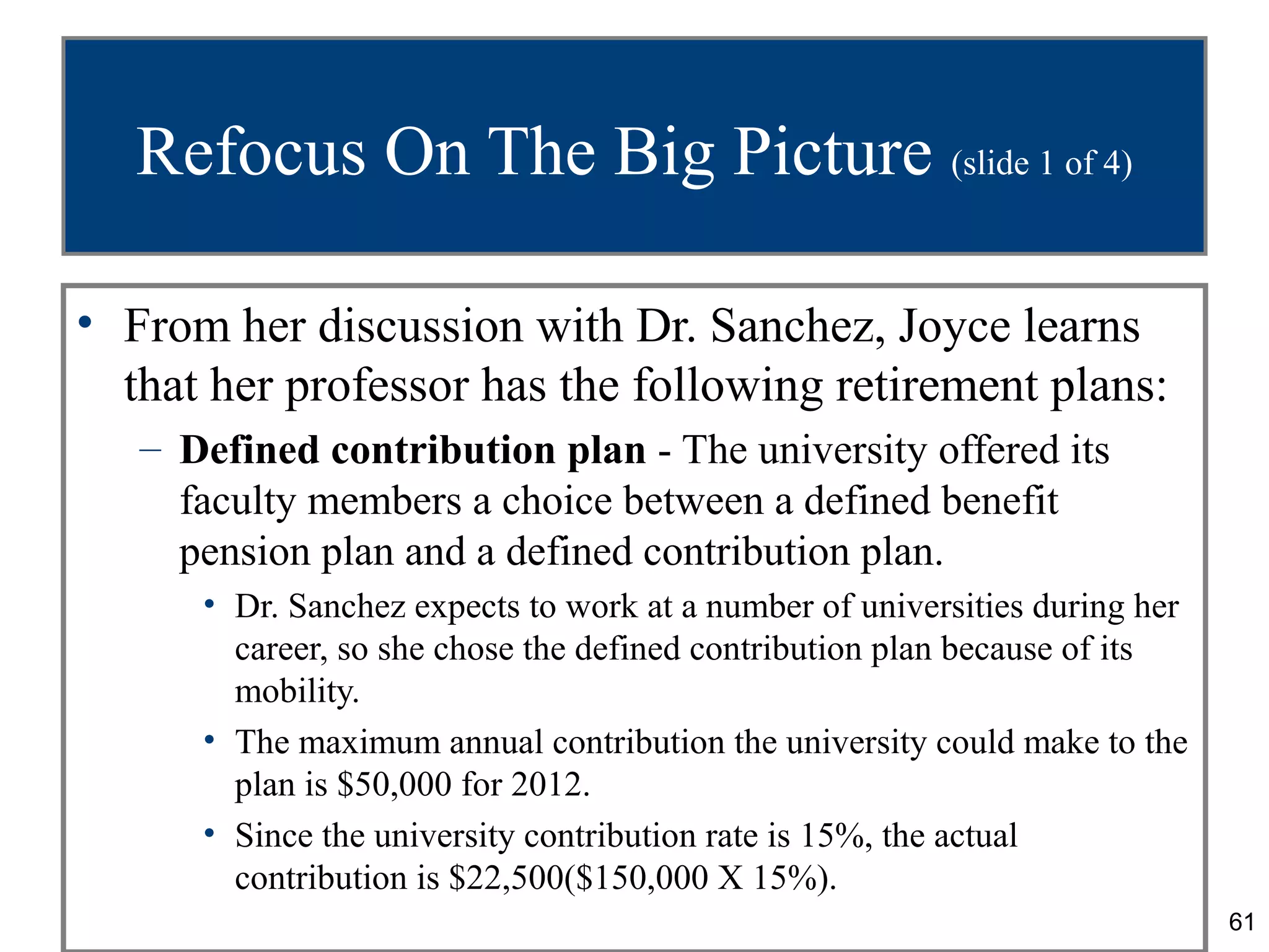 Refocus On The Big Picture (slide 1 of 4)

• From her discussion with Dr. Sanchez, Joyce learns
  that her professor has the following retirement plans:
   – Defined contribution plan - The university offered its
     faculty members a choice between a defined benefit
     pension plan and a defined contribution plan.
      • Dr. Sanchez expects to work at a number of universities during her
        career, so she chose the defined contribution plan because of its
        mobility.
      • The maximum annual contribution the university could make to the
        plan is $50,000 for 2012.
      • Since the university contribution rate is 15%, the actual
        contribution is $22,500($150,000 X 15%).
                                                                             61
 