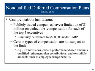 Nonqualified Deferred Compensation Plans
                         (slide 3 of 3)


• Compensation limitations
  – Publicly...