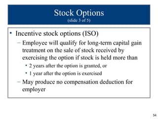 Stock Options
                          (slide 3 of 5)


• Incentive stock options (ISO)
  – Employee will qualify for lon...