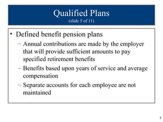 Qualified Plans
                     (slide 5 of 11)


• Defined benefit pension plans
  – Annual contributions are made b...