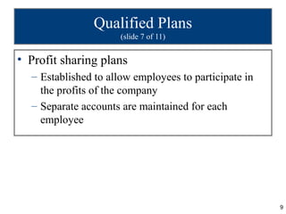 Qualified Plans
                      (slide 7 of 11)


• Profit sharing plans
  – Established to allow employees to parti...