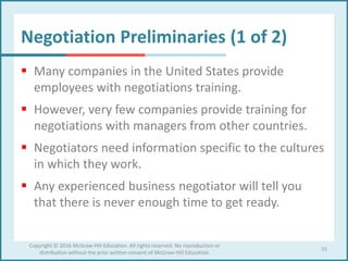 Negotiation Preliminaries (1 of 2)
 Many companies in the United States provide
employees with negotiations training.
 However, very few companies provide training for
negotiations with managers from other countries.
 Negotiators need information specific to the cultures
in which they work.
 Any experienced business negotiator will tell you
that there is never enough time to get ready.
31
Copyright © 2016 McGraw-Hill Education. All rights reserved. No reproduction or
distribution without the prior written consent of McGraw-Hill Education.
 