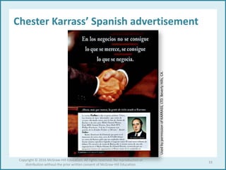 Chester Karrass’ Spanish advertisement
UsedbypermissionofKARRASS,LTD.BeverlyHills,CA. 33
Copyright © 2016 McGraw-Hill Education. All rights reserved. No reproduction or
distribution without the prior written consent of McGraw-Hill Education.
 