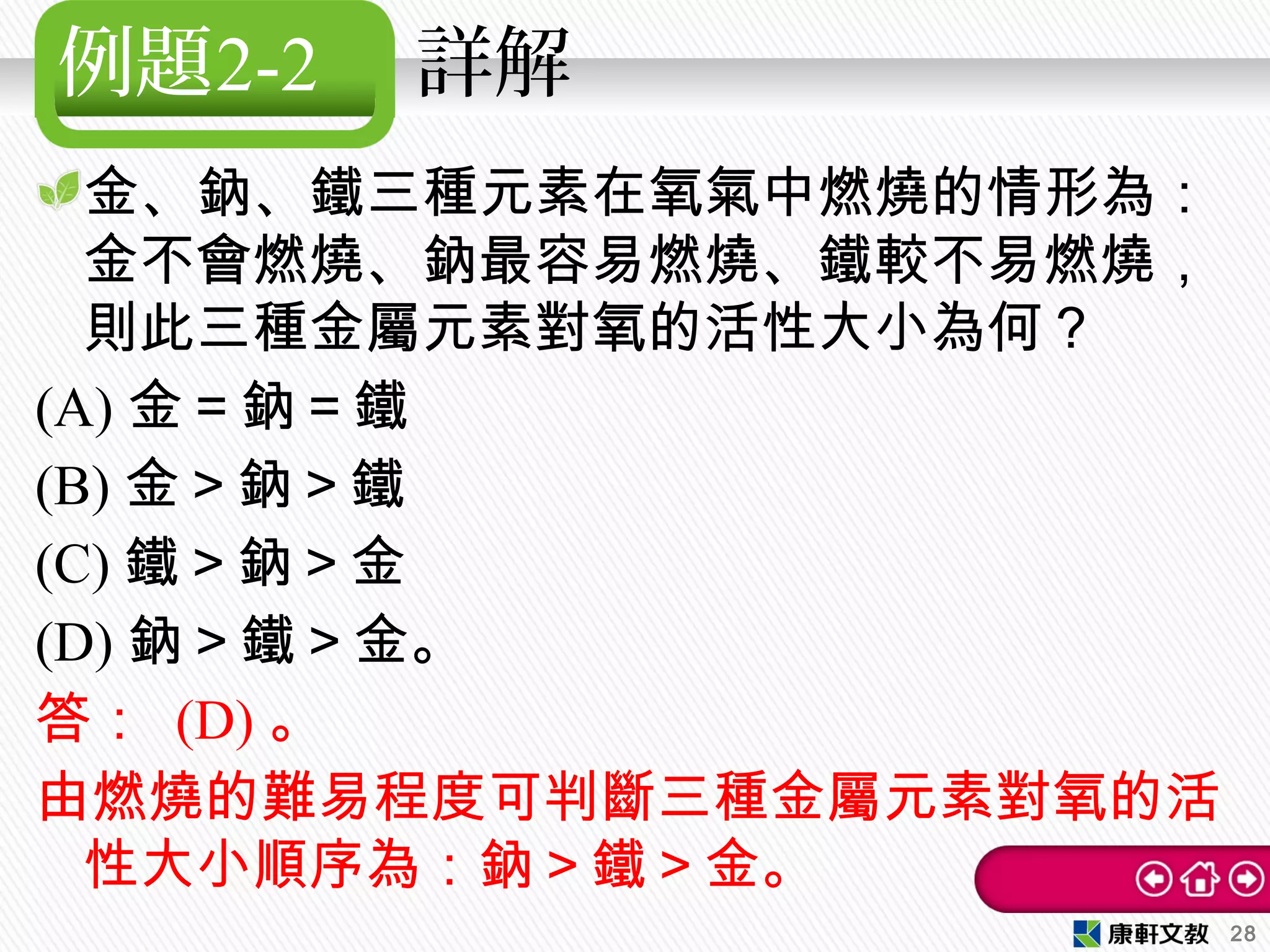 例題2-2 詳解
金、鈉、鐵三種元素在氧氣中燃燒的情形為：
金不會燃燒、鈉最容易燃燒、鐵較不易燃燒，
則此三種金屬元素對氧的活性大小為何？
(A) 金＝鈉＝鐵　
(B) 金＞鈉＞鐵　
(C) 鐵＞鈉＞金　
(D) 鈉＞鐵＞金。
答： (D) 。
由燃燒的難易程度可判斷三種金屬元素對氧的活
性大小順序為：鈉＞鐵＞金。
28
 