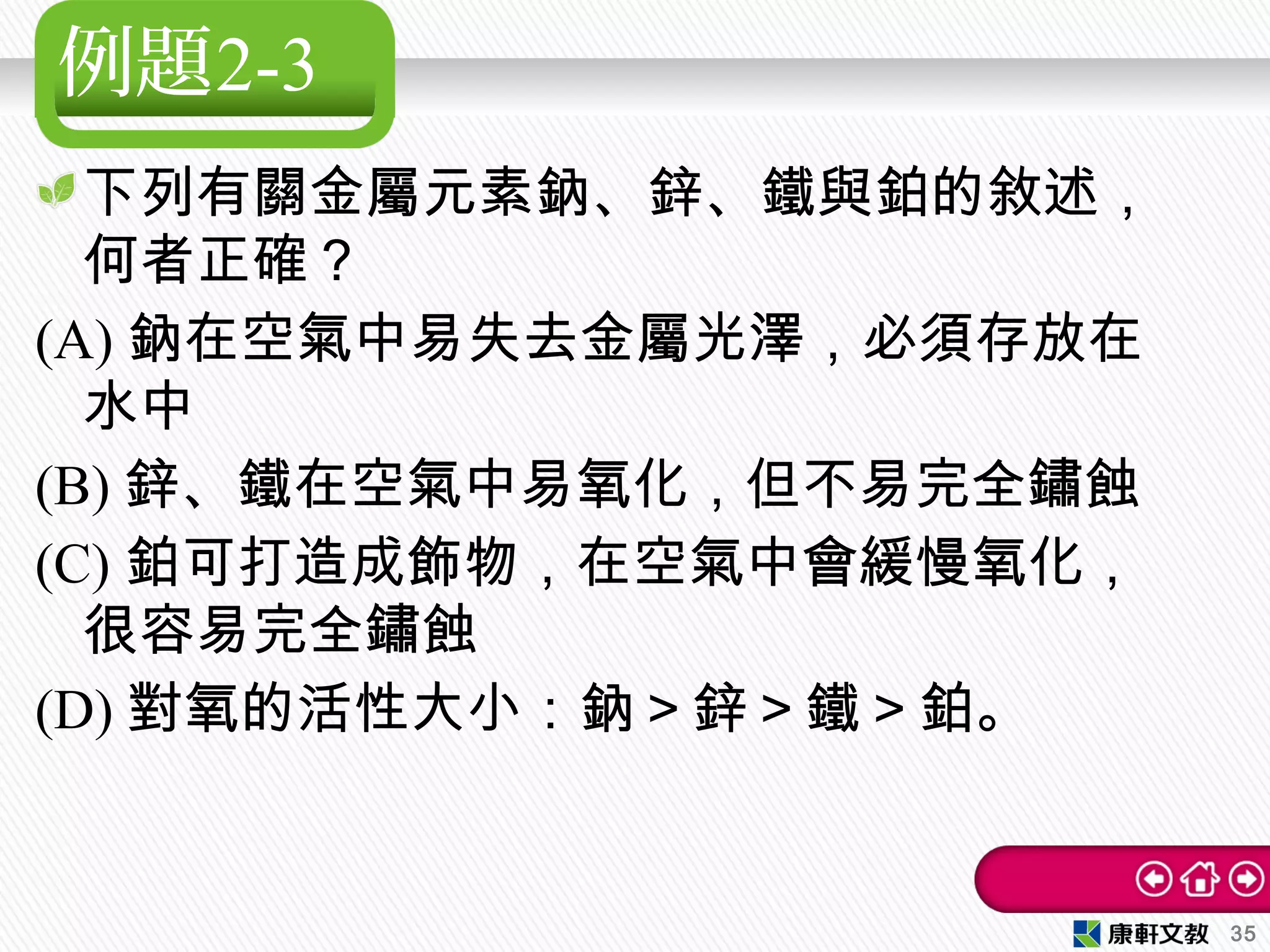 例題2-3
下列有關金屬元素鈉、鋅、鐵與鉑的敘述，
何者正確？
(A) 鈉在空氣中易失去金屬光澤，必須存放在
水中
(B) 鋅、鐵在空氣中易氧化，但不易完全鏽蝕
(C) 鉑可打造成飾物，在空氣中會緩慢氧化，
很容易完全鏽蝕
(D) 對氧的活性大小：鈉＞鋅＞鐵＞鉑。
35
 