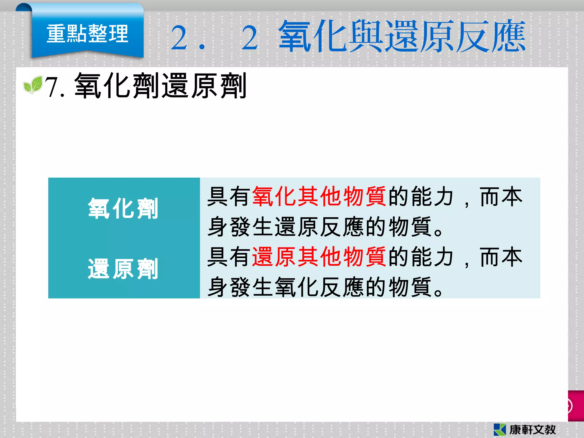 2 ． 2 化與還原反應氧
7. 氧化劑還原劑
氧化劑
具有氧化其他物質的能力，而本
身發生還原反應的物質。
還原劑
具有還原其他物質的能力，而本
身發生氧化反應的物質。
 