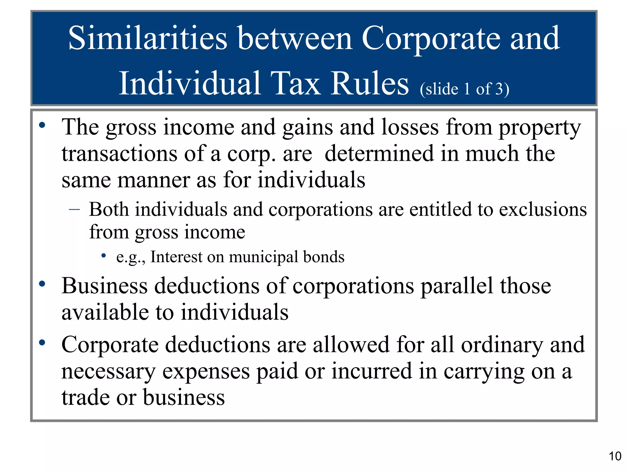Similarities between Corporate and
     Individual Tax Rules (slide 1 of 3)
• The gross income and gains and losses from property
  transactions of a corp. are determined in much the
  same manner as for individuals
   – Both individuals and corporations are entitled to exclusions
     from gross income
      • e.g., Interest on municipal bonds
• Business deductions of corporations parallel those
  available to individuals
• Corporate deductions are allowed for all ordinary and
  necessary expenses paid or incurred in carrying on a
  trade or business

                                                                    10
 