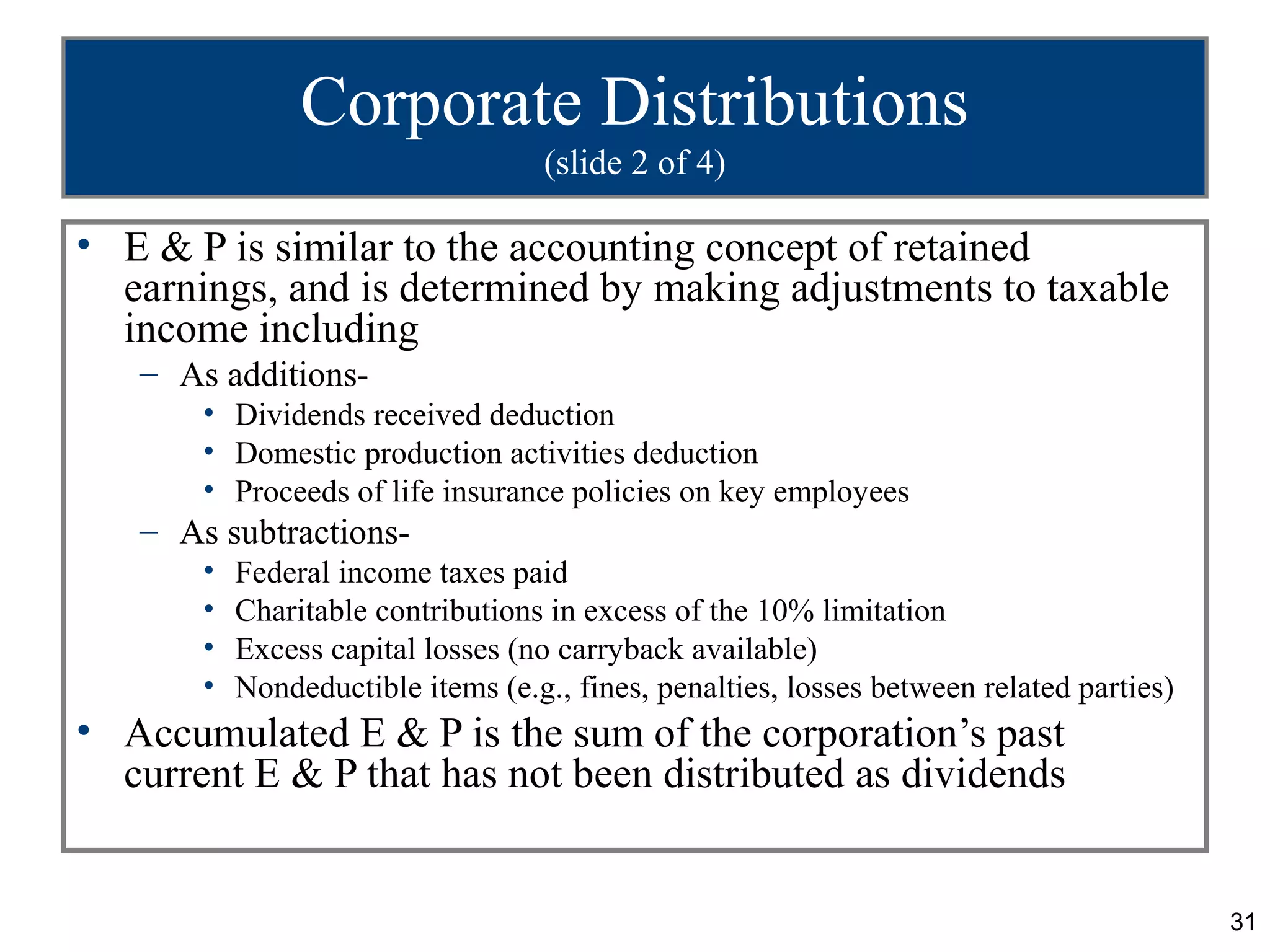 Corporate Distributions
                                    (slide 2 of 4)

• E & P is similar to the accounting concept of retained
  earnings, and is determined by making adjustments to taxable
  income including
   – As additions-
       • Dividends received deduction
       • Domestic production activities deduction
       • Proceeds of life insurance policies on key employees
   – As subtractions-
       •   Federal income taxes paid
       •   Charitable contributions in excess of the 10% limitation
       •   Excess capital losses (no carryback available)
       •   Nondeductible items (e.g., fines, penalties, losses between related parties)
• Accumulated E & P is the sum of the corporation’s past
  current E & P that has not been distributed as dividends


                                                                                          31
 