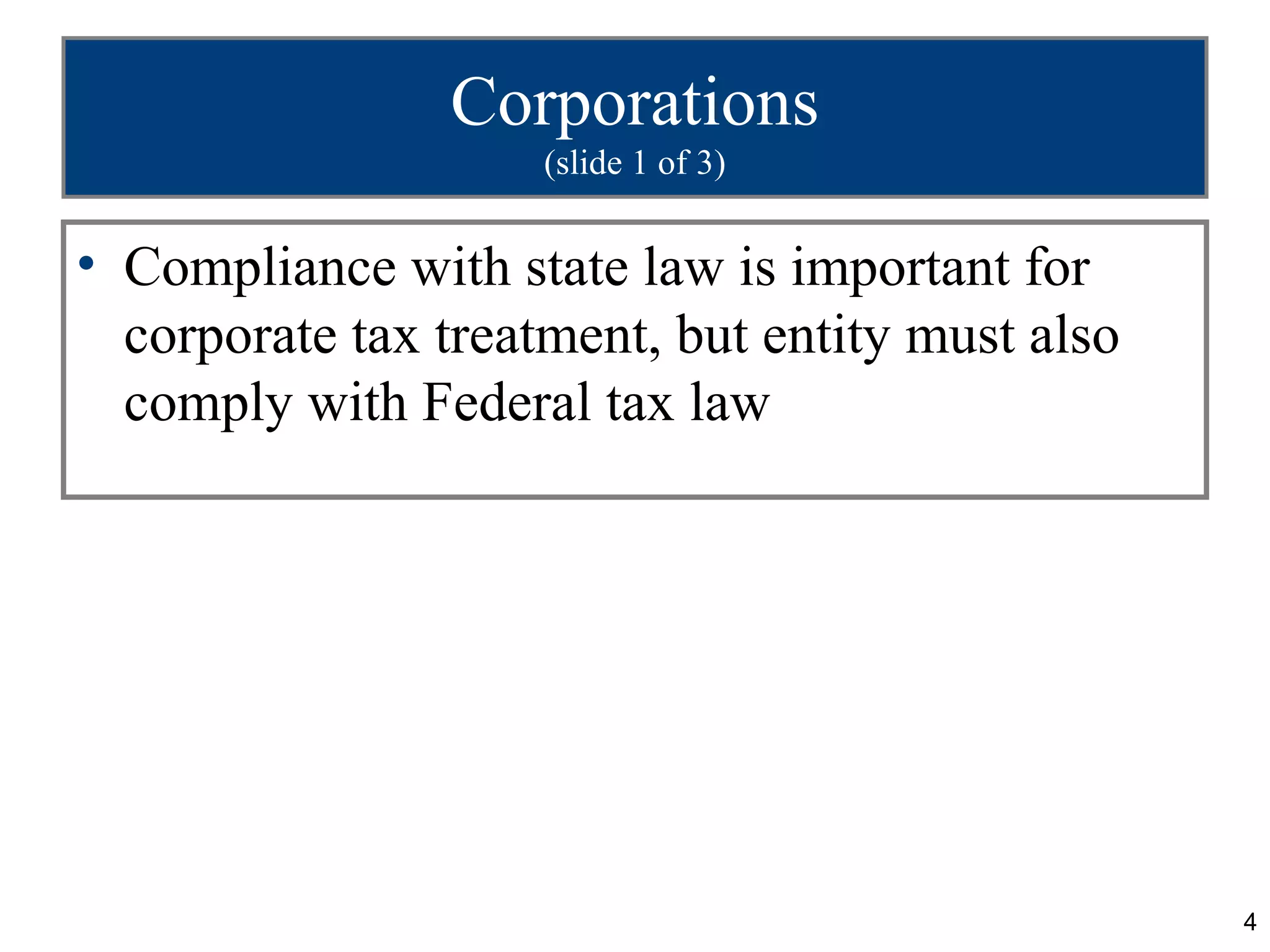 Corporations
                     (slide 1 of 3)


• Compliance with state law is important for
  corporate tax treatment, but entity must also
  comply with Federal tax law




                                                  4
 