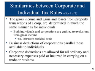 Similarities between Corporate and
     Individual Tax Rules (slide 1 of 3)
• The gross income and gains and losses from property
  transactions of a corp. are determined in much the
  same manner as for individuals
   – Both individuals and corporations are entitled to exclusions
     from gross income
      • e.g., Interest on municipal bonds
• Business deductions of corporations parallel those
  available to individuals
• Corporate deductions are allowed for all ordinary and
  necessary expenses paid or incurred in carrying on a
  trade or business

                                                                    10
 