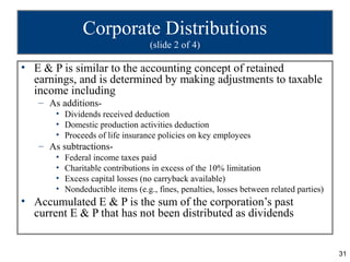 Corporate Distributions
                                    (slide 2 of 4)

• E & P is similar to the accounting concept of retained
  earnings, and is determined by making adjustments to taxable
  income including
   – As additions-
       • Dividends received deduction
       • Domestic production activities deduction
       • Proceeds of life insurance policies on key employees
   – As subtractions-
       •   Federal income taxes paid
       •   Charitable contributions in excess of the 10% limitation
       •   Excess capital losses (no carryback available)
       •   Nondeductible items (e.g., fines, penalties, losses between related parties)
• Accumulated E & P is the sum of the corporation’s past
  current E & P that has not been distributed as dividends


                                                                                          31
 