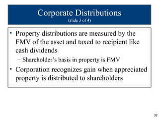 Corporate Distributions
                     (slide 3 of 4)


• Property distributions are measured by the
  FMV of the asset and taxed to recipient like
  cash dividends
  – Shareholder’s basis in property is FMV
• Corporation recognizes gain when appreciated
  property is distributed to shareholders




                                                 32
 