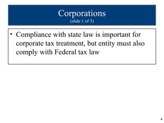 Corporations
                     (slide 1 of 3)


• Compliance with state law is important for
  corporate tax treatment, but entity must also
  comply with Federal tax law




                                                  4
 