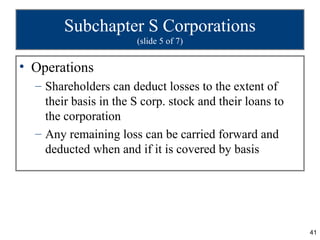 Subchapter S Corporations
                       (slide 5 of 7)


• Operations
  – Shareholders can deduct losses to the extent of
    their basis in the S corp. stock and their loans to
    the corporation
  – Any remaining loss can be carried forward and
    deducted when and if it is covered by basis




                                                          41
 