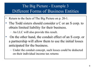 The Big Picture - Example 3
     Different Forms of Business Entities
• Return to the facts of The Big Picture on p. 20-1.
• The Todd sisters should consider a C or an S corp. to
  obtain limited liability for their business.
   – An LLC will also provide this result.
• On the other hand, the conduit effect of an S corp. or
  a partnership will allow them to use the initial losses
  anticipated for the business.
   – Under the conduit concept, such losses could be deducted
     on their individual income tax returns


                                                                9
 