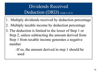 Dividends Received
           Deduction (DRD) (slide 2 of 2)
1. Multiply dividends received by deduction percentage
2. Multiply taxable income by deduction percentage
3. The deduction is limited to the lesser of Step 1 or
   Step 2, unless subtracting the amount derived from
   Step 1 from taxable income generates a negative
   number
       -If so, the amount derived in step 1 should be
        used



                                                         19
 