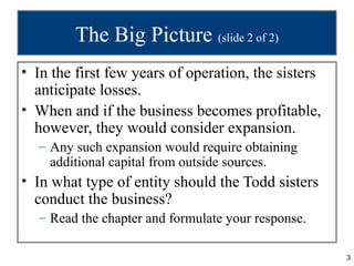 The Big Picture (slide 2 of 2)
• In the first few years of operation, the sisters
  anticipate losses.
• When and if the business becomes profitable,
  however, they would consider expansion.
  – Any such expansion would require obtaining
    additional capital from outside sources.
• In what type of entity should the Todd sisters
  conduct the business?
  – Read the chapter and formulate your response.

                                                     3
 