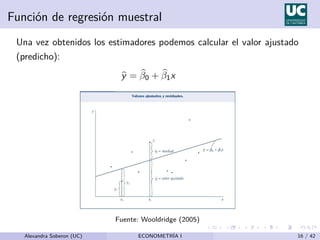 Función de regresión muestral
Una vez obtenidos los estimadores podemos calcular el valor ajustado
(predicho):
b
y = b
β0 + b
β1x
Fuente: Wooldridge (2005)
Alexandra Soberon (UC) ECONOMETRÍA I 16 / 42
 