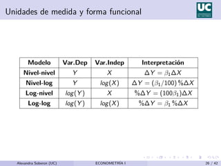 Unidades de medida y forma funcional
Modelo Var.Dep Var.Indep Interpretación
Nivel-nivel Y X ∆Y = β1∆X
Nivel-log Y log(X) ∆Y = (β1/100) %∆X
Log-nivel log(Y ) X %∆Y = (100β1)∆X
Log-log log(Y ) log(X) %∆Y = β1 %∆X
Alexandra Soberon (UC) ECONOMETRÍA I 26 / 42
 