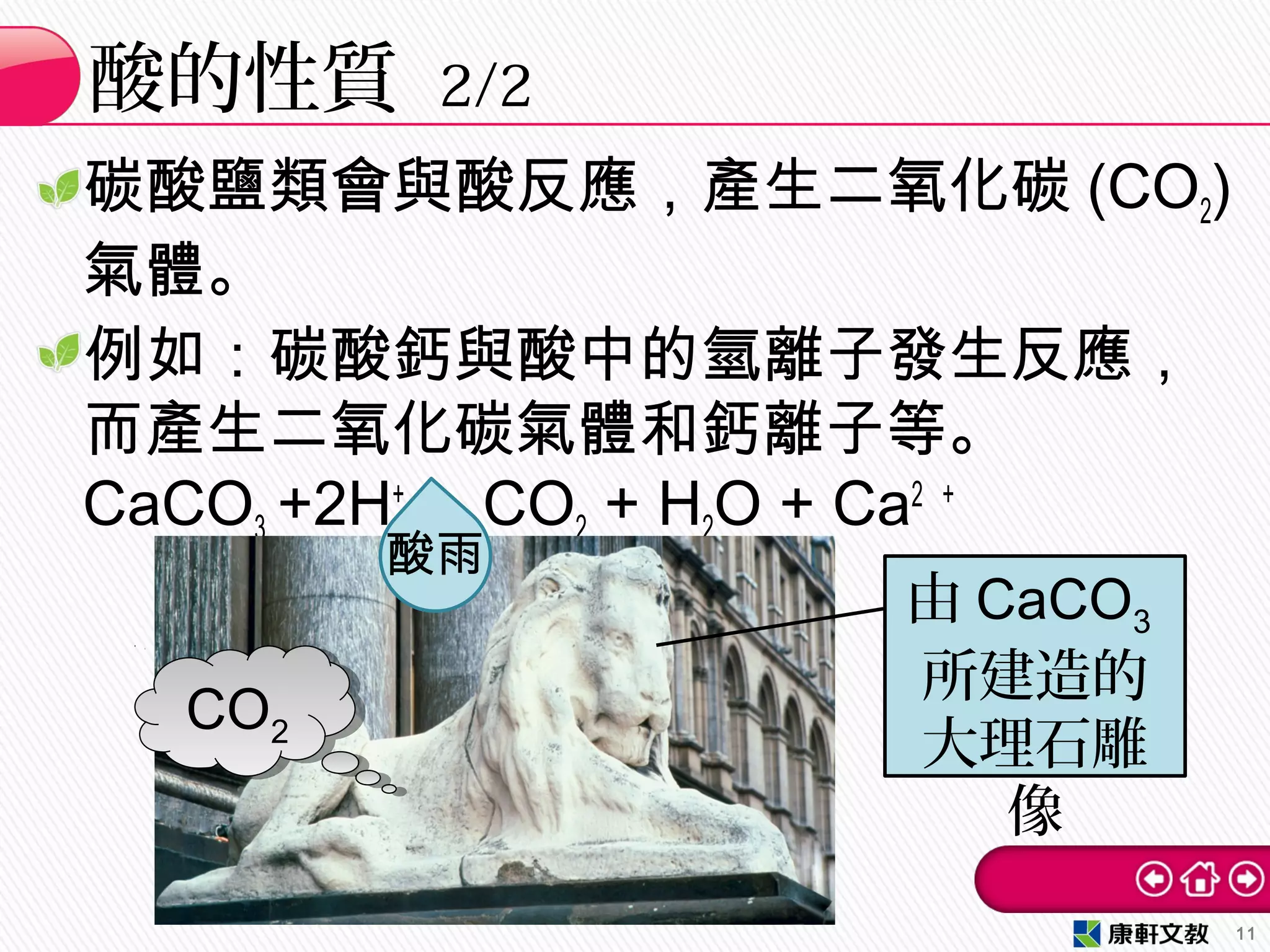 碳酸鹽類會與酸反應，產生二氧化碳 (CO2)
氣體。
例如：碳酸鈣與酸中的氫離子發生反應，
而產生二氧化碳氣體和鈣離子等。
CaCO3 +2H+
→ CO2 + H2O + Ca2 ＋
酸的性質 2/2
11
由 CaCO3
所建造的
大理石雕
像
酸雨
CO2
CO2
 