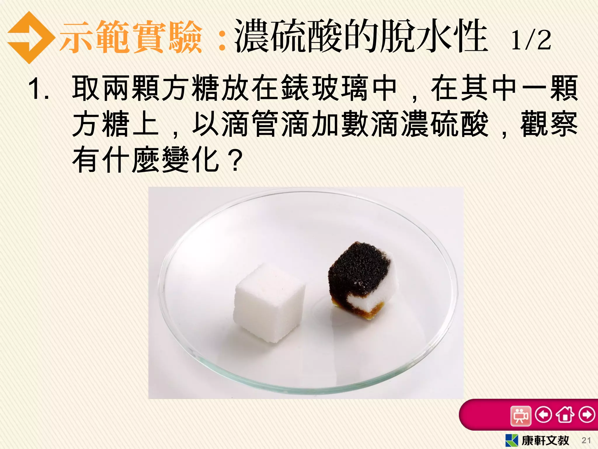 示範實驗：濃硫酸的脫水性 1/2
1. 取兩顆方糖放在錶玻璃中，在其中一顆
方糖上，以滴管滴加數滴濃硫酸，觀察
有什麼變化？
21
 