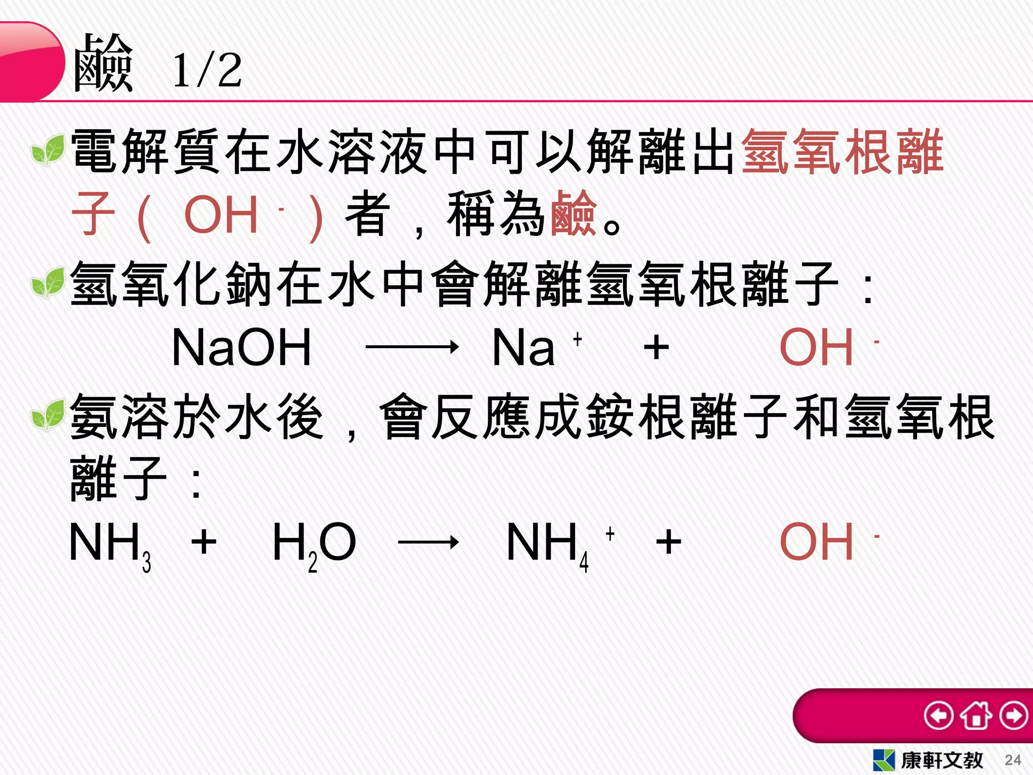 電解質在水溶液中可以解離出氫氧根離
子（ OH －
）者，稱為鹼。
氫氧化鈉在水中會解離氫氧根離子：
NaOH Na ＋
＋ OH －
氨溶於水後，會反應成銨根離子和氫氧根
離子：
NH3 ＋ H2O NH4
＋
＋ OH －
鹼 1/2
24
 