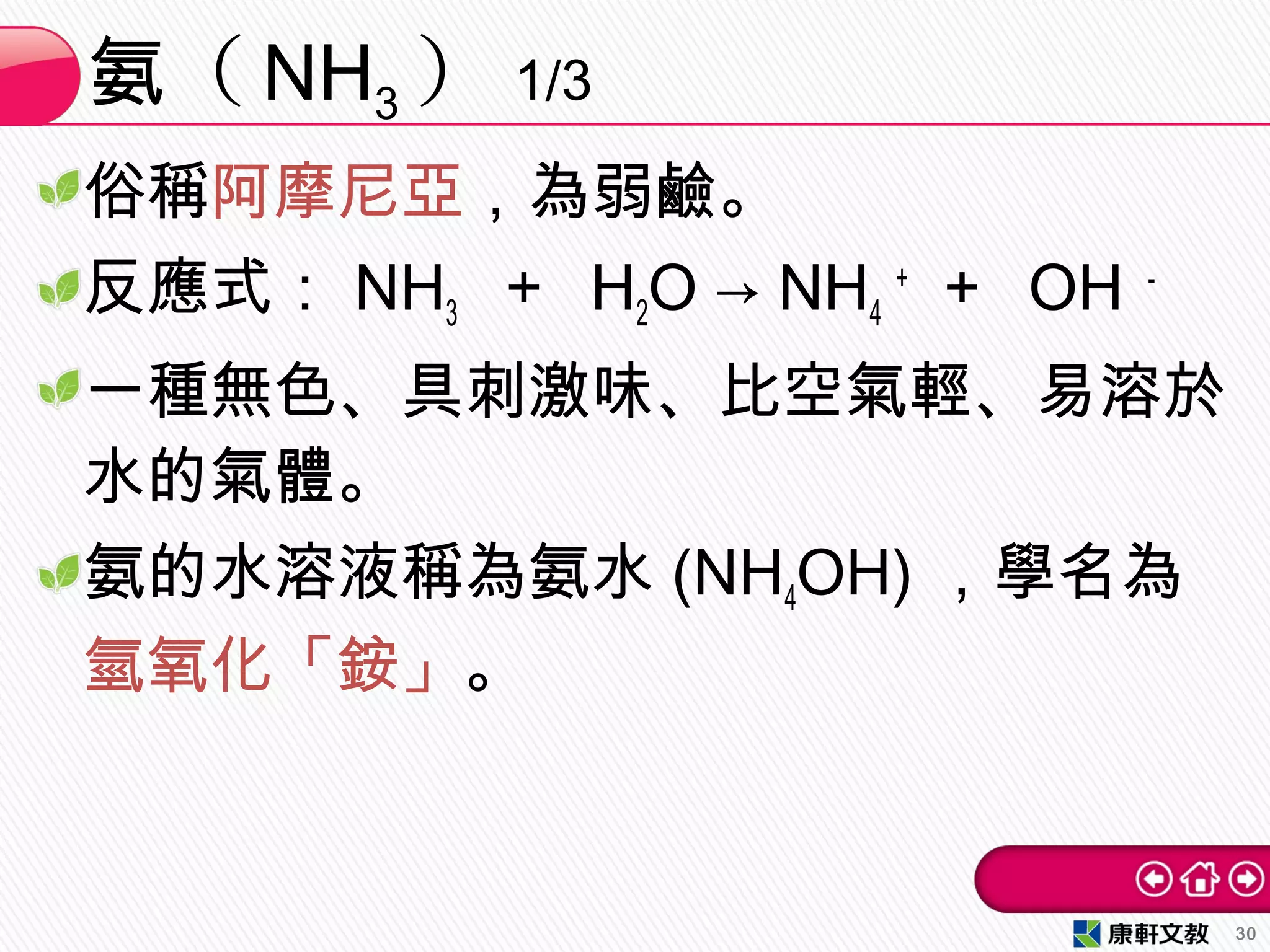 俗稱阿摩尼亞，為弱鹼。
反應式： NH3 ＋ H2O → NH4
＋
＋ OH －
一種無色、具刺激味、比空氣輕、易溶於
水的氣體。
氨的水溶液稱為氨水 (NH4OH) ，學名為
氫氧化「銨」。
（氨 NH3 ） 1/3
30
 
