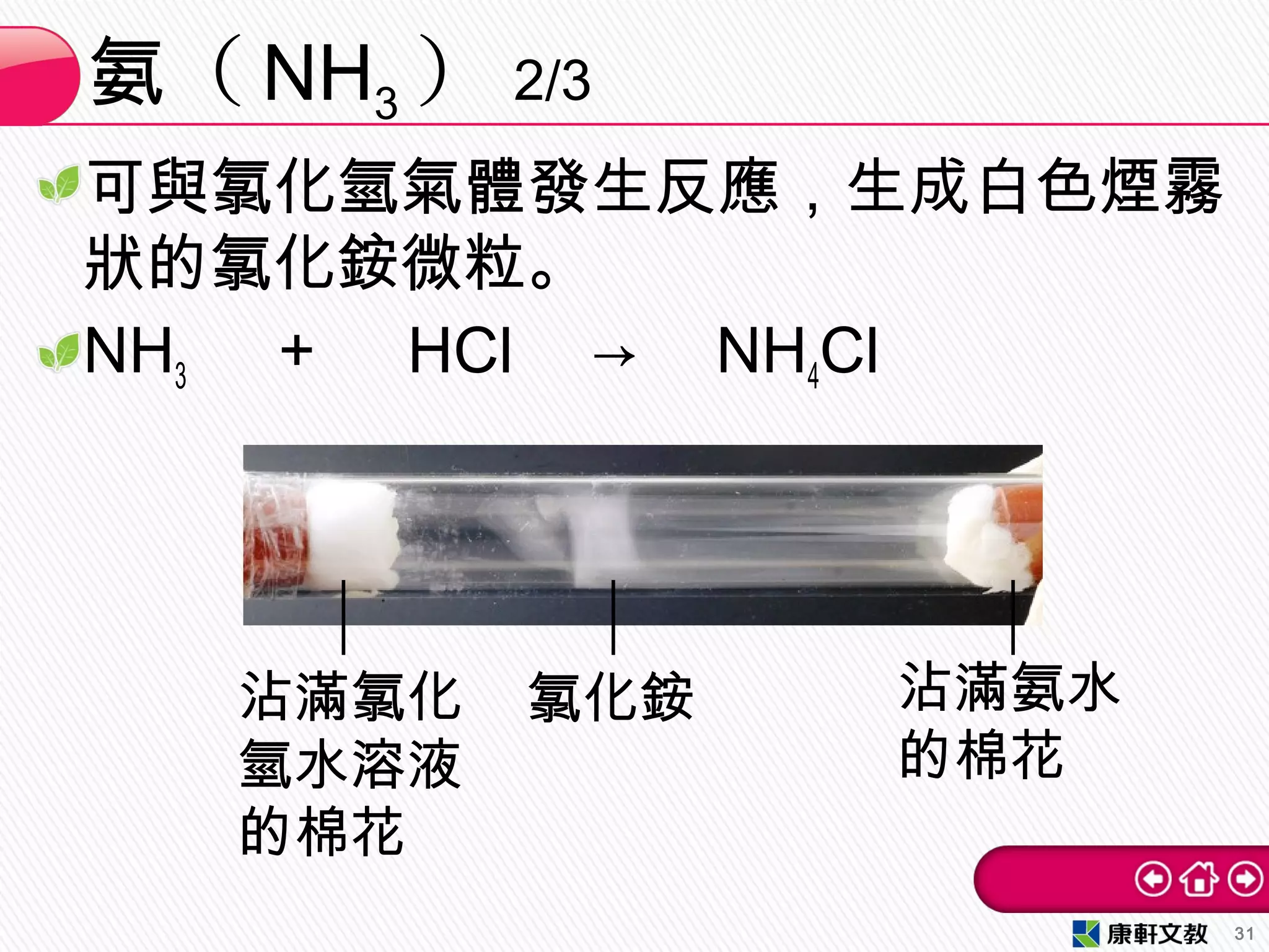 可與氯化氫氣體發生反應，生成白色煙霧
狀的氯化銨微粒。
NH3 　＋　 HCl 　→　 NH4Cl
（氨 NH3 ） 2/3
31
沾滿氯化
氫水溶液
的棉花
沾滿氨水
的棉花
氯化銨
 