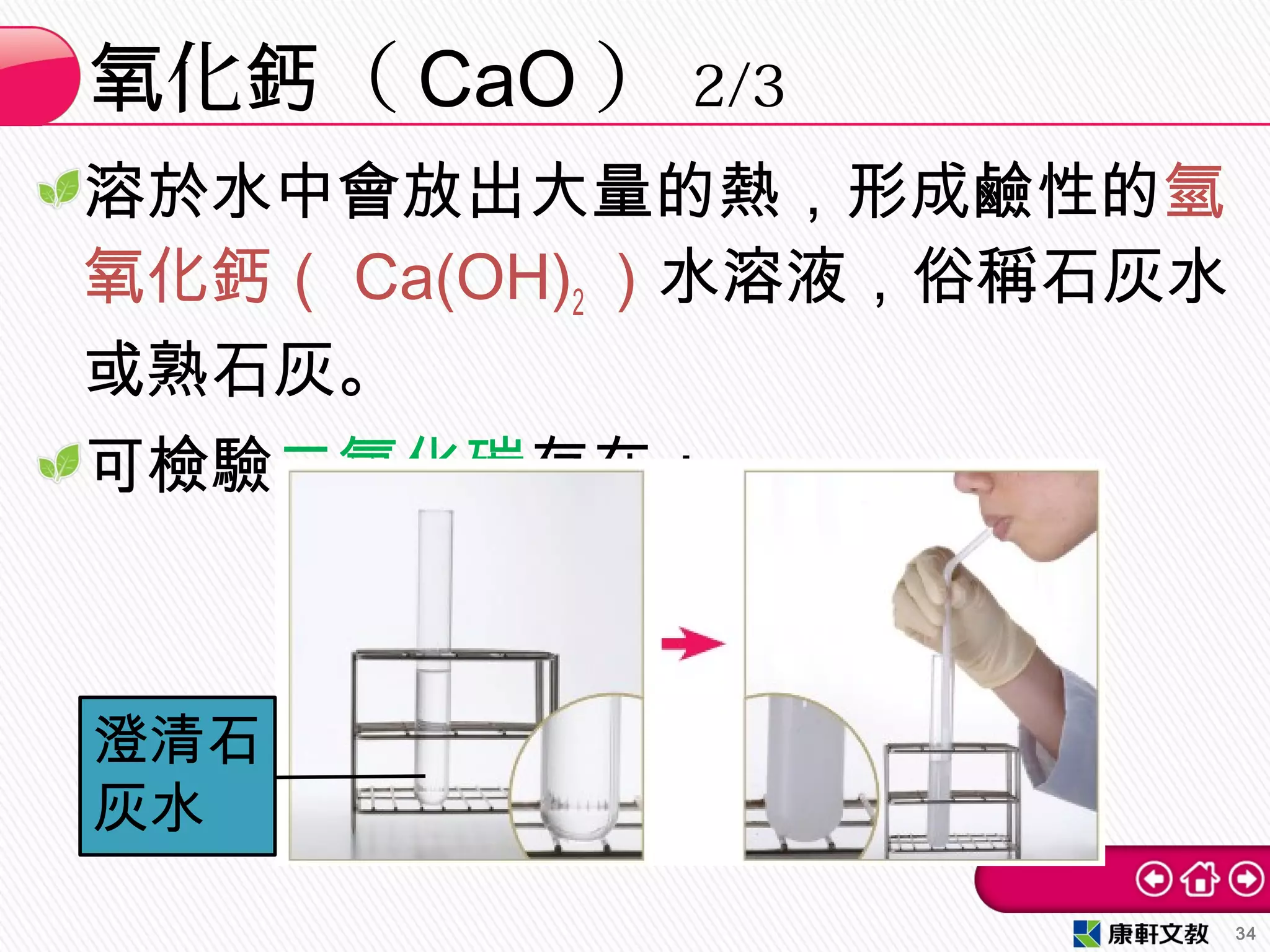 溶於水中會放出大量的熱，形成鹼性的氫
氧化鈣（ Ca(OH)2 ）水溶液，俗稱石灰水
或熟石灰。
可檢驗二氧化碳存在：
化 （氧 鈣 CaO ） 2/3
34
澄清石
灰水
 