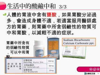 人體的胃液中含有鹽酸，如果胃酸分泌過
多，會造成身體不適，若適當服用醫師處
方的胃藥，則胃藥中所含弱鹼性的物質可
中和胃酸，以減輕不適的症狀。
生活中的酸鹼中和 3/3
16
胃藥中所含有
的弱鹼性物質
，可以中和胃
酸。
 
