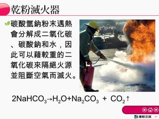 碳酸氫鈉粉末遇熱
會分解成二氧化碳
、碳酸鈉和水，因
此可以藉較重的二
氧化碳來隔絕火源
並阻斷空氣而滅火。
乾粉滅火器
37
2NaHCO3→H2O+Na2CO3 ＋ CO2↑
 