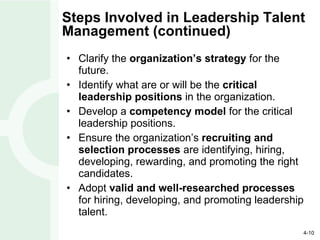 Steps Involved in Leadership Talent Management (continued) Clarify the  organization’s strategy  for the future. Identify what are or will be the  critical leadership   positions  in the organization. Develop a  competency model  for the critical leadership positions. Ensure the organization’s  recruiting and selection processes  are identifying, hiring, developing, rewarding, and promoting the right candidates. Adopt  valid and well-researched processes  for hiring, developing, and promoting leadership talent. 