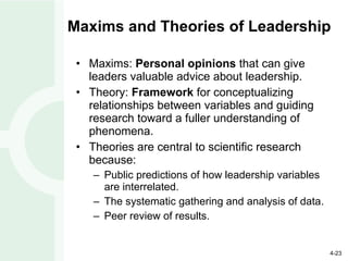 Maxims and Theories of Leadership Maxims:  Personal opinions  that can give leaders valuable advice about leadership. Theory:  Framework  for conceptualizing relationships between variables and guiding research toward a fuller understanding of phenomena. Theories are central to scientific research because: Public predictions of how leadership variables are interrelated. The systematic gathering and analysis of data. Peer review of results. 