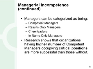 Managerial Incompetence (continued) Managers can be categorized as being: Competent Managers Results Only Managers Cheerleaders In Name Only Managers Research shows that organizations having  higher number  of Competent Managers occupying  critical positions  are more successful than those without. 