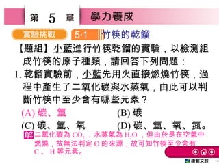 14
5
【題組】小藍進行竹筷乾餾的實驗，以檢測組
成竹筷的原子種類，請回答下列問題：
1. 乾餾實驗前，小藍先用火直接燃燒竹筷，過
程中產生了二氧化碳與水蒸氣，由此可以判
斷竹筷中至少含有哪些元素？
(A) 碳、氫 (B) 碳
(C) 碳、氫、氧 (D) 碳、氫、氧、氮。
5 1‧ 竹筷的乾餾
二氧化碳為 CO2 ，水蒸氣為 H2O ，但由於是在空氣中
燃燒，故無法判定 O 的來源，故可知竹筷至少含有
C 、 H 等元素。
 