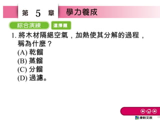 選擇題
23
5
1. 將木材隔絕空氣，加熱使其分解的過程，
稱為什麼？　
(A) 乾餾　
(B) 蒸餾　
(C) 分餾　
(D) 過濾。
 
