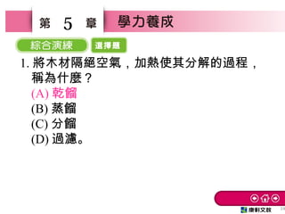選擇題
24
5
1. 將木材隔絕空氣，加熱使其分解的過程，
稱為什麼？　
(A) 乾餾　
(B) 蒸餾　
(C) 分餾　
(D) 過濾。
 