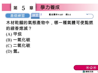 3
5
木材乾餾的氣態產物中，哪一種氣體可使點燃
的線香熄滅？
(A) 甲烷
(B) 一氧化碳
(C) 二氧化碳
(D) 氫。
2 配合課本 P.107 　例 5-2
 