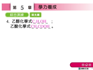 填充題
62
5
4. 乙醇化學式＿＿＿＿ ；
乙酸化學式＿＿＿＿＿。
C2H5OH
CH3COOH
 