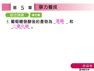 填充題
64
5
5. 葡萄糖發酵後的產物為＿＿＿＿和
＿＿＿＿＿。
酒精
二氧化碳
 