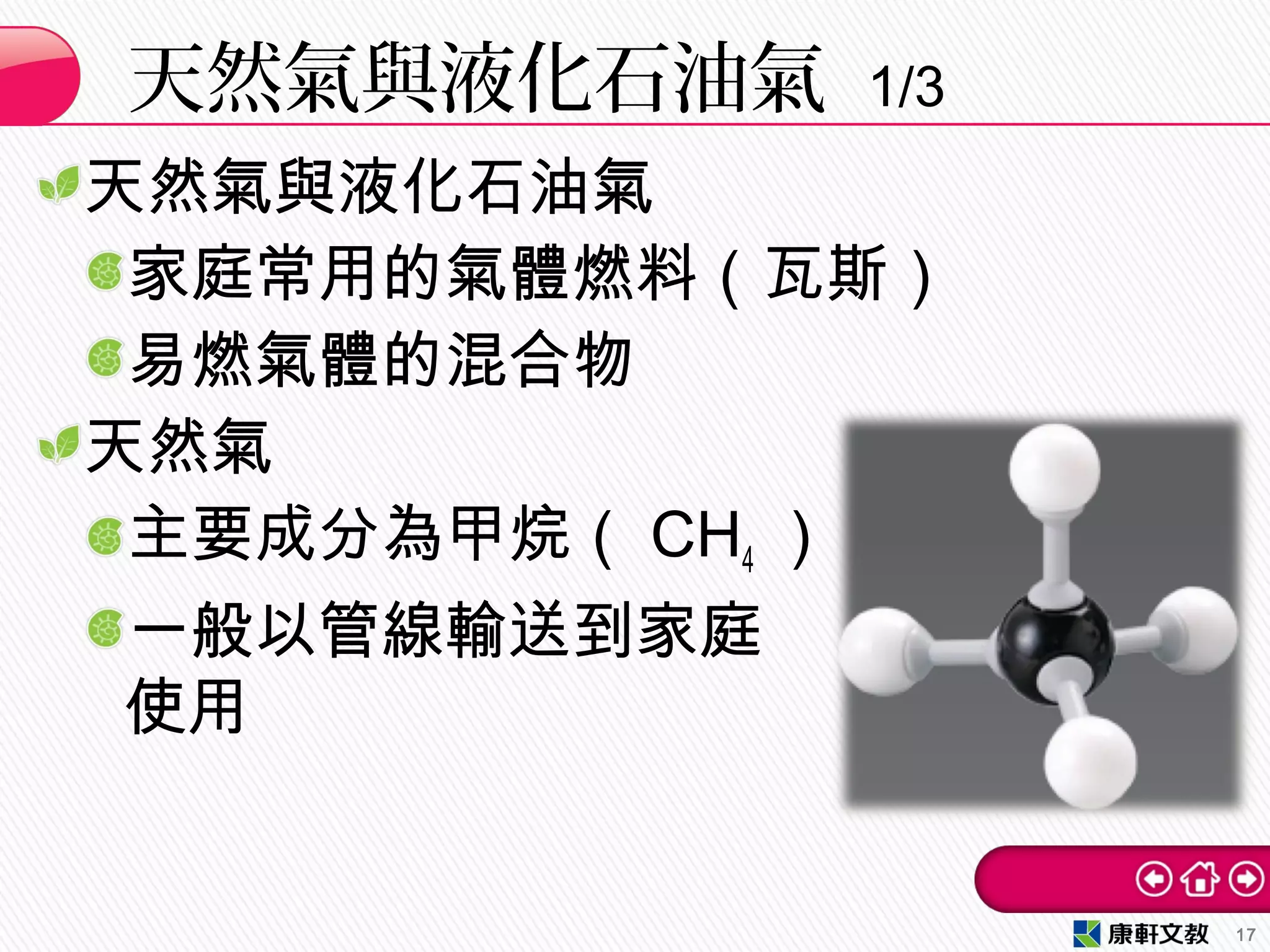 天然氣與液化石油氣
家庭常用的氣體燃料（瓦斯）
易燃氣體的混合物
天然氣
主要成分為甲烷（ CH4 ）
一般以管線輸送到家庭
使用
天然氣與液化石油氣 1/3
17
 